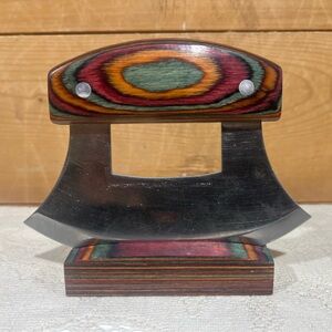 Vintage Alaska Ulu Knife With Rainbow Pakka Laminated Wood Handle Matching Stand
